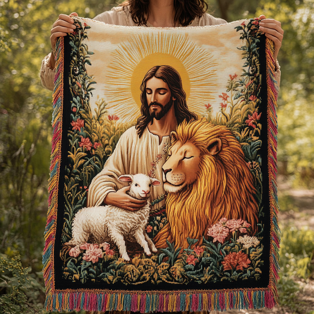 Shepherd's Peace woven sofa throw – christ with a lamb and lion