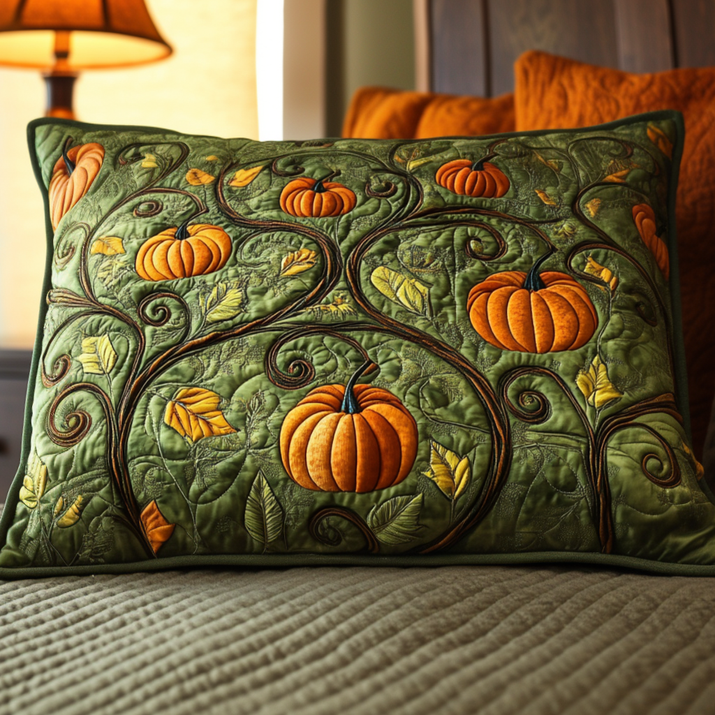 Pumpkin Vines quilted pillowcase – pumpkins on curling vines on green