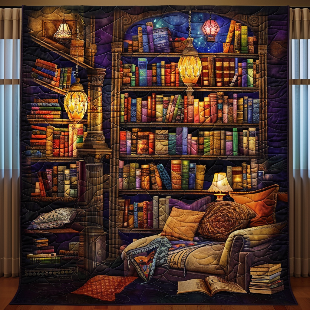 Fantasy Library quilted throw – cosy reading nook beneath tall bookshelves