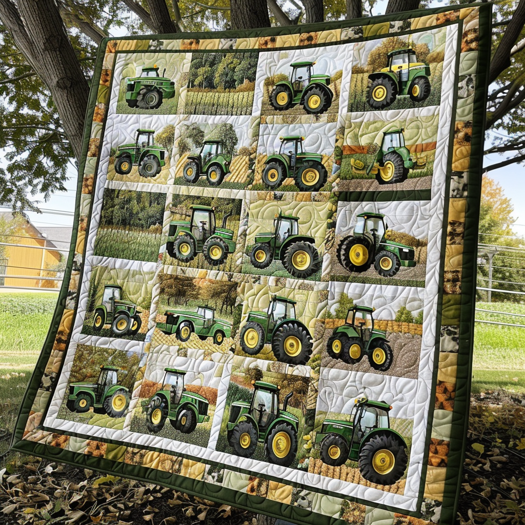 Green Tractors quilted throw – green tractors in cream patchwork squares