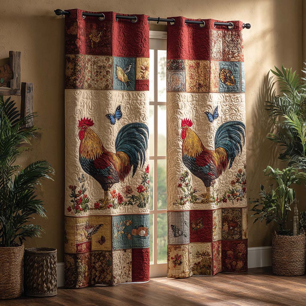 Farmhouse Roosters quilted curtains – roosters in farmhouse patchwork
