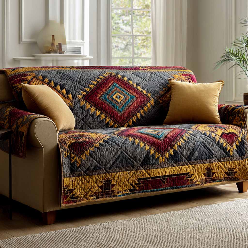 Gold and Navy Diamonds quilted sofa cover – red, gold and navy diamonds