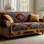 Gold and Navy Diamonds quilted sofa cover – red, gold and navy diamonds
