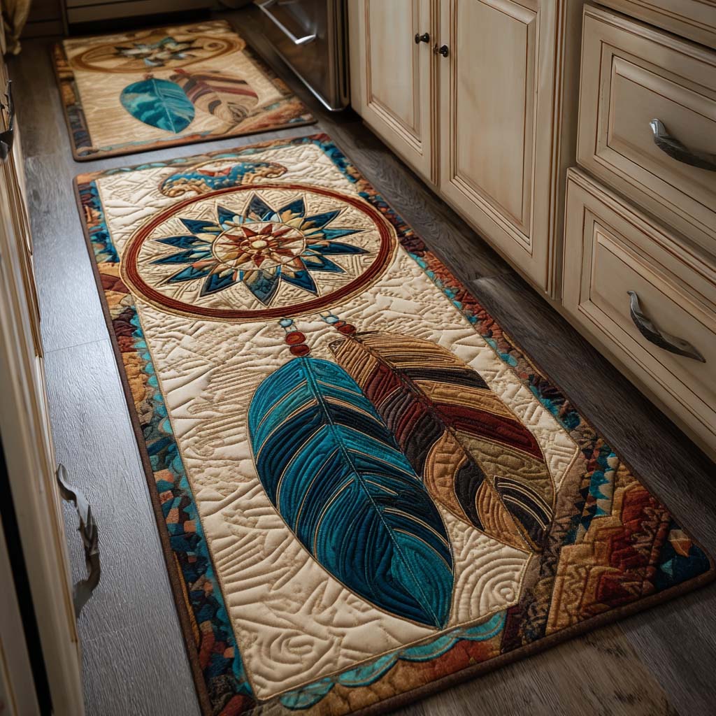 Feather Dreamer kitchen mat set – feather and mandala