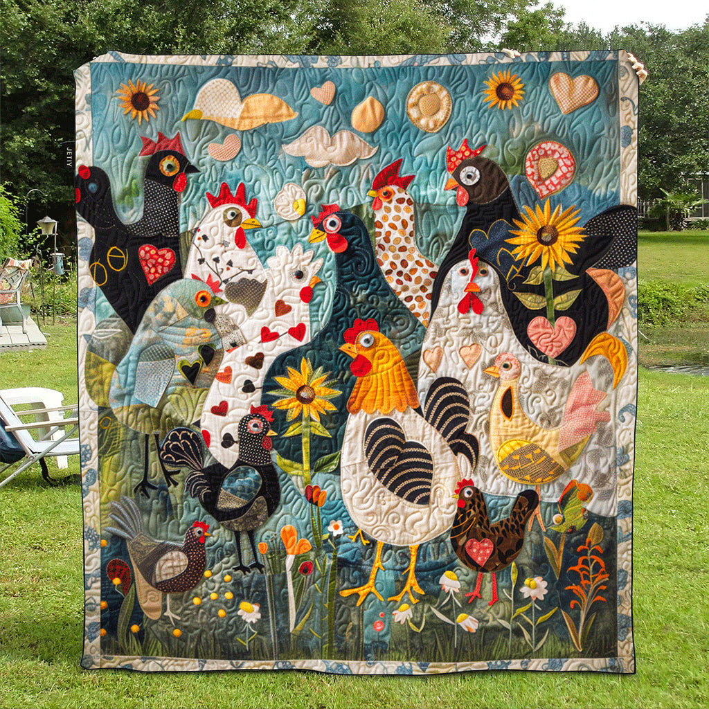 Garden Hens quilted throw – speckled hens among flowers on blue
