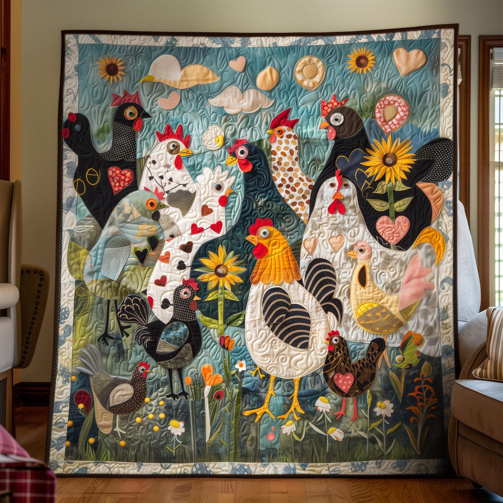 Heart Hen Garden art quilt – hens with hearts