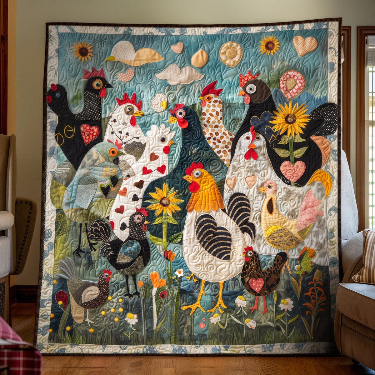 Heart Hen Garden art quilt – hens with hearts