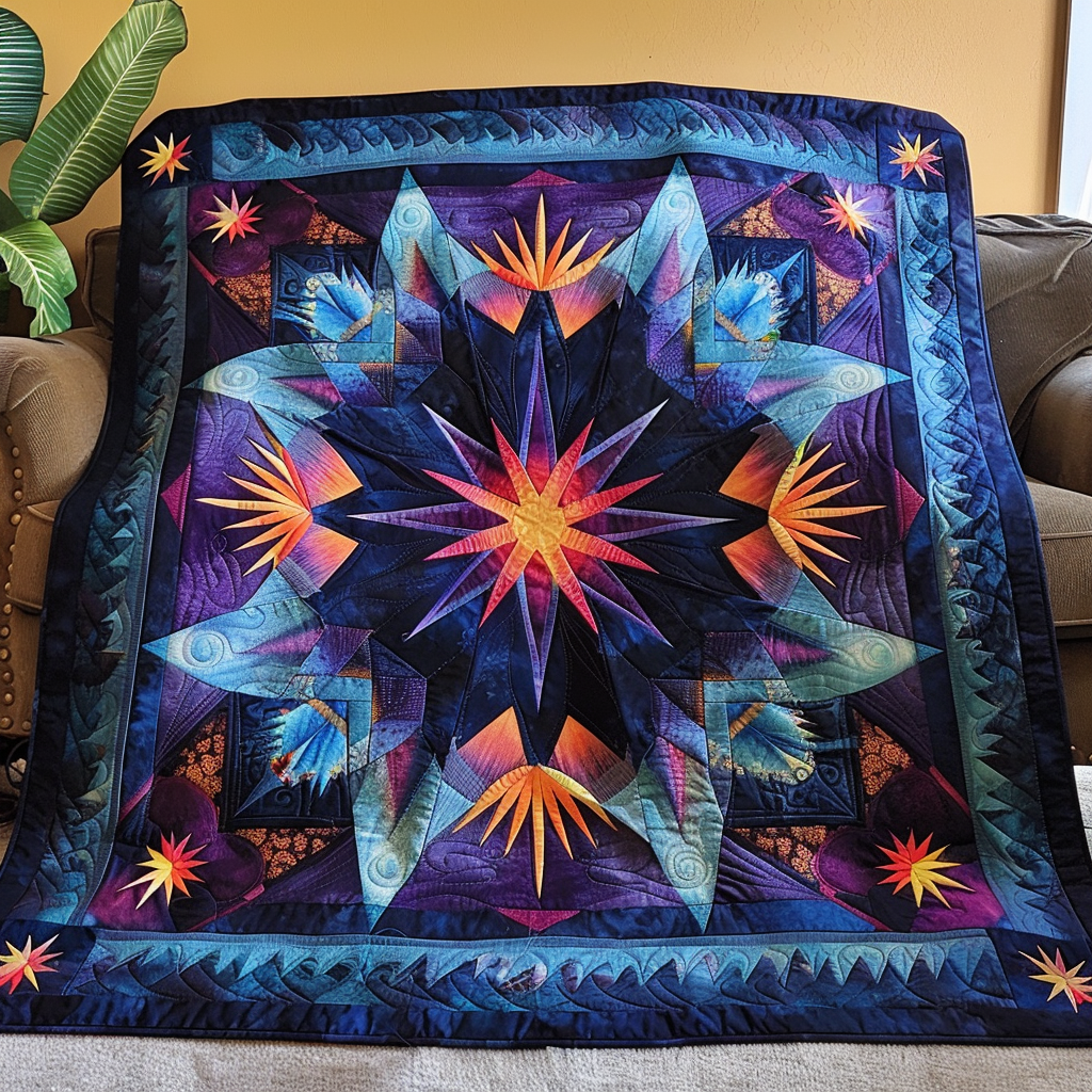 Night Star Burst quilted throw – orange and blue star burst on navy