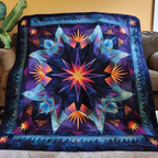 Night Star Burst quilted throw – orange and blue star burst on navy