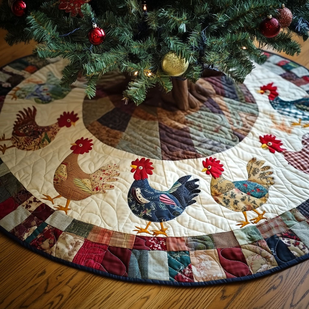 Hen House Patchwork quilted Christmas tree skirt – hens and cockerels on cream with a cosy patchwork border