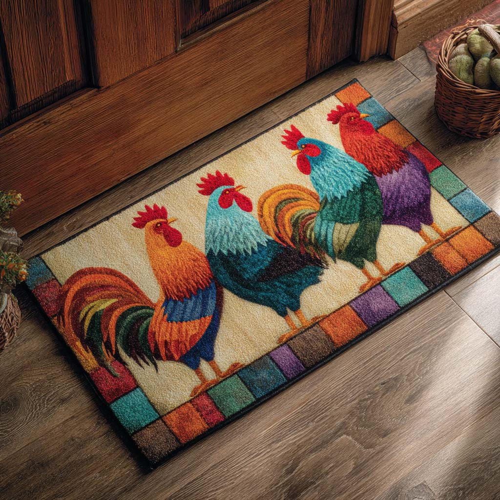 Feathered Quartet doormat – four roosters