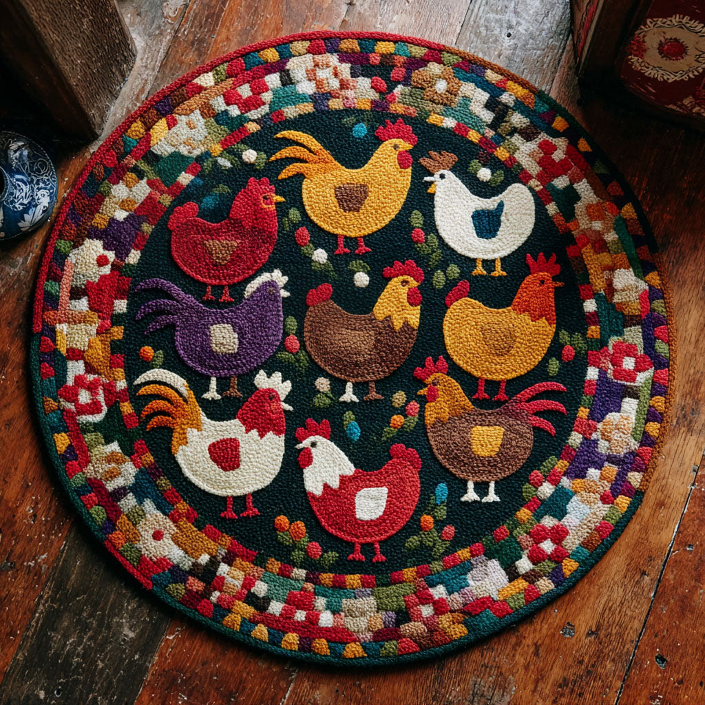 Joyful Hens round rug – hens on black