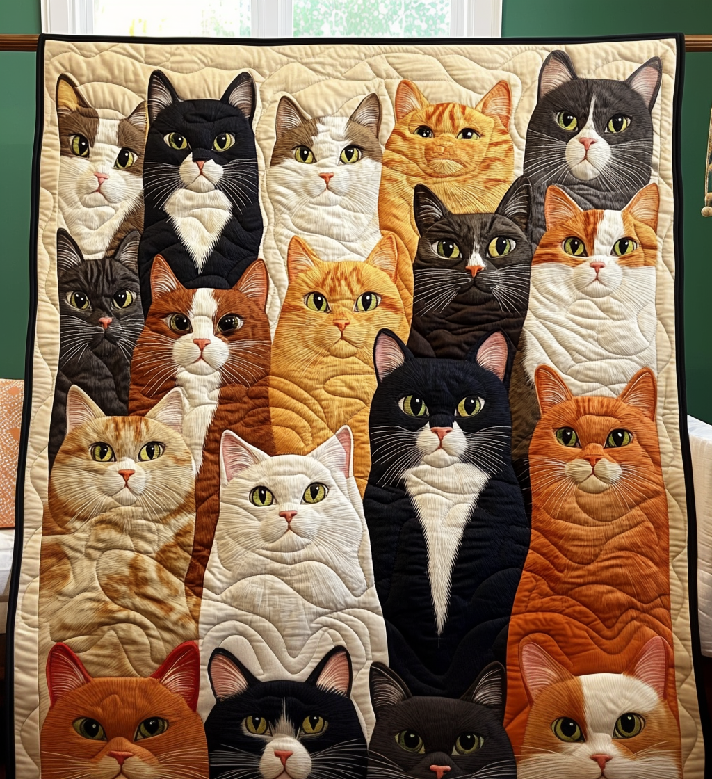 Cat Gathering quilted throw – cats sitting shoulder to shoulder