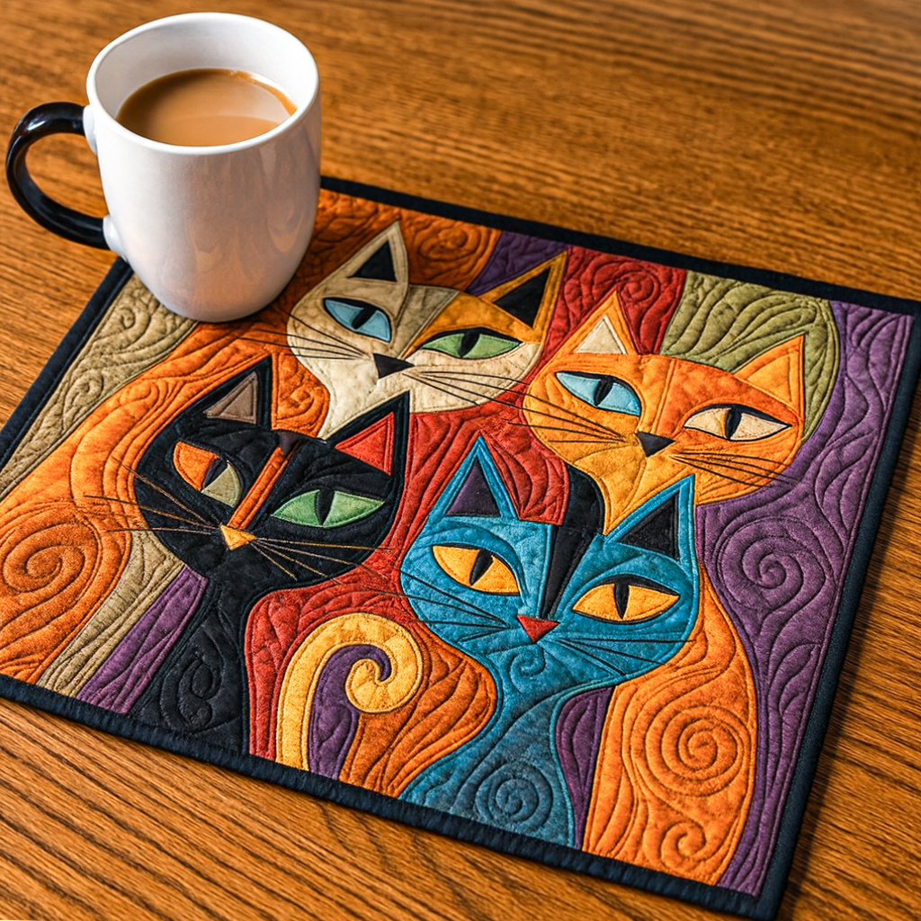 Feline Frolic quilted placemats – stylised cats