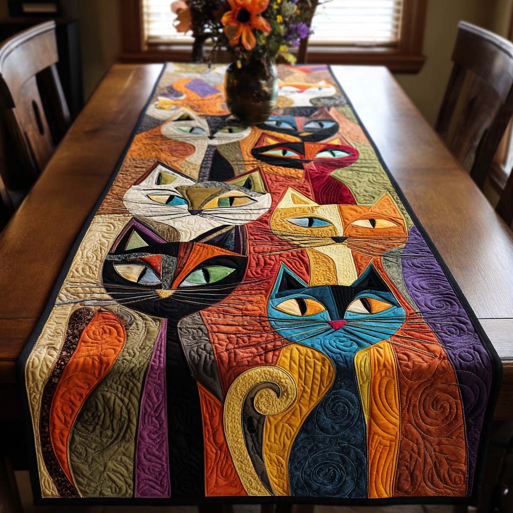 Cat Faces Patchwork quilted table runner – stylised cat faces