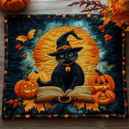Feline Witch quilted placemats – black cat in witch hat