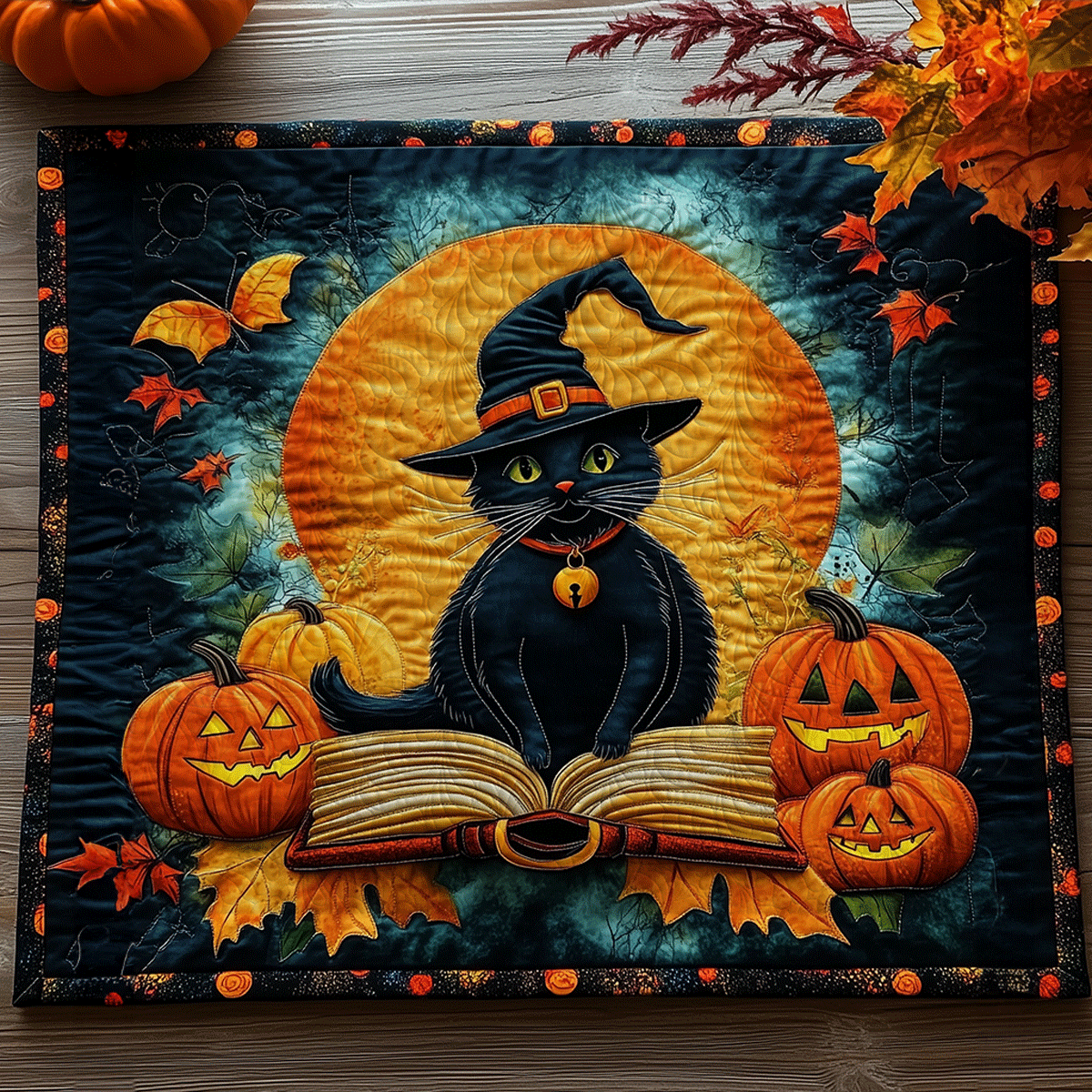 Feline Witch quilted placemats – black cat in witch hat