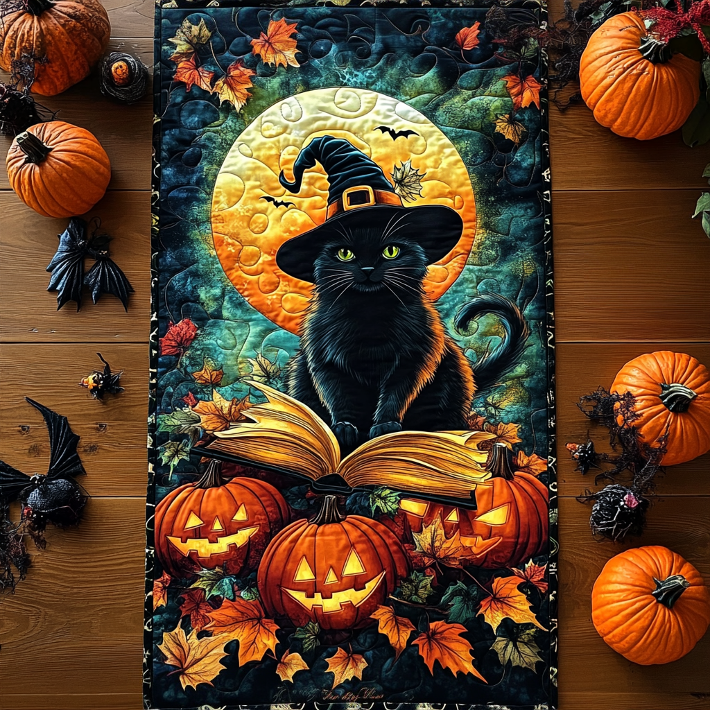 Witch Cat Moon quilted table runner – black cat in a witch hat