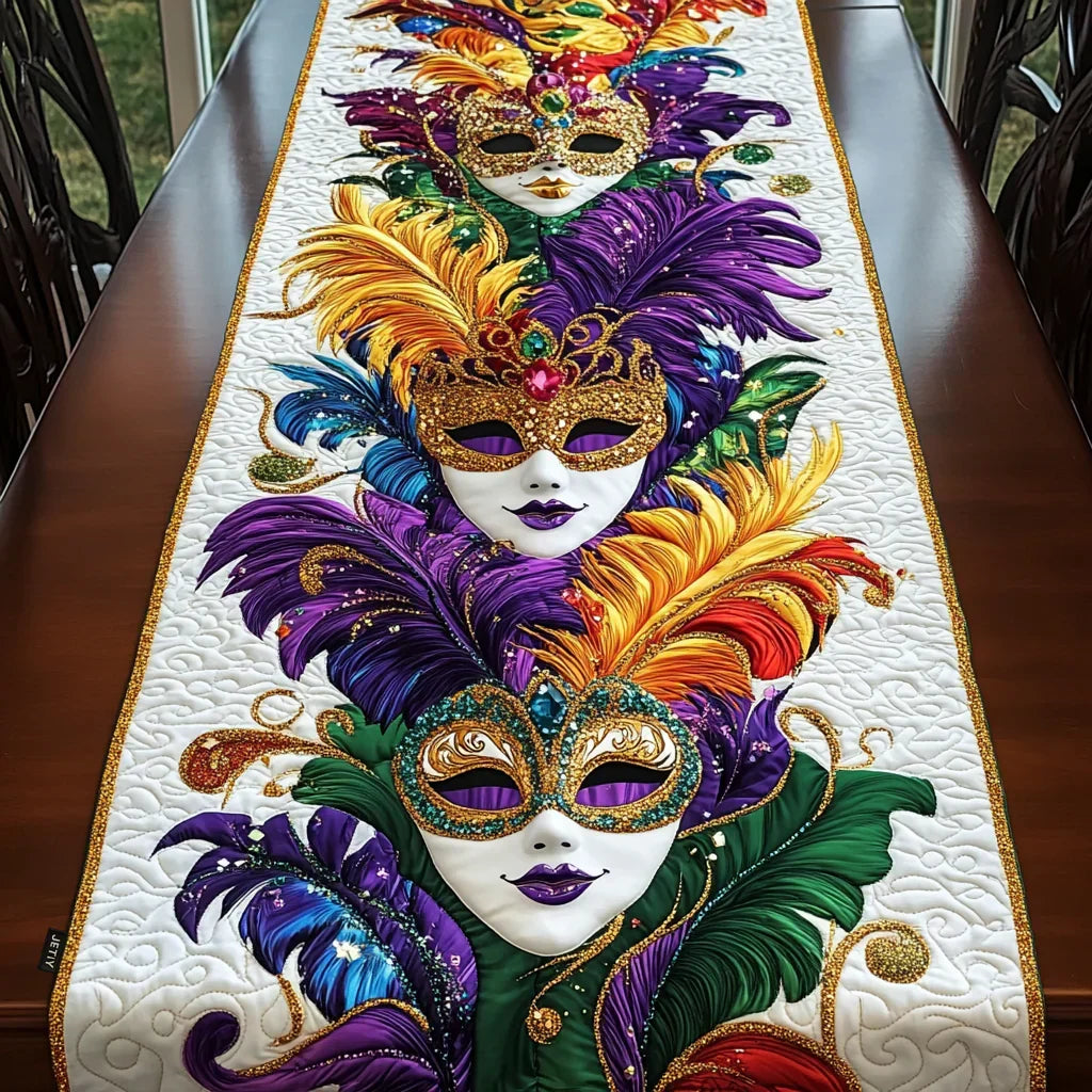 Quilted table runner with a Festival Blooms design of bold patterned festival flowers in pink, purple and gold across the full length