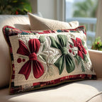 Christmas Bows quilted pillowcase – red and green bows with holly