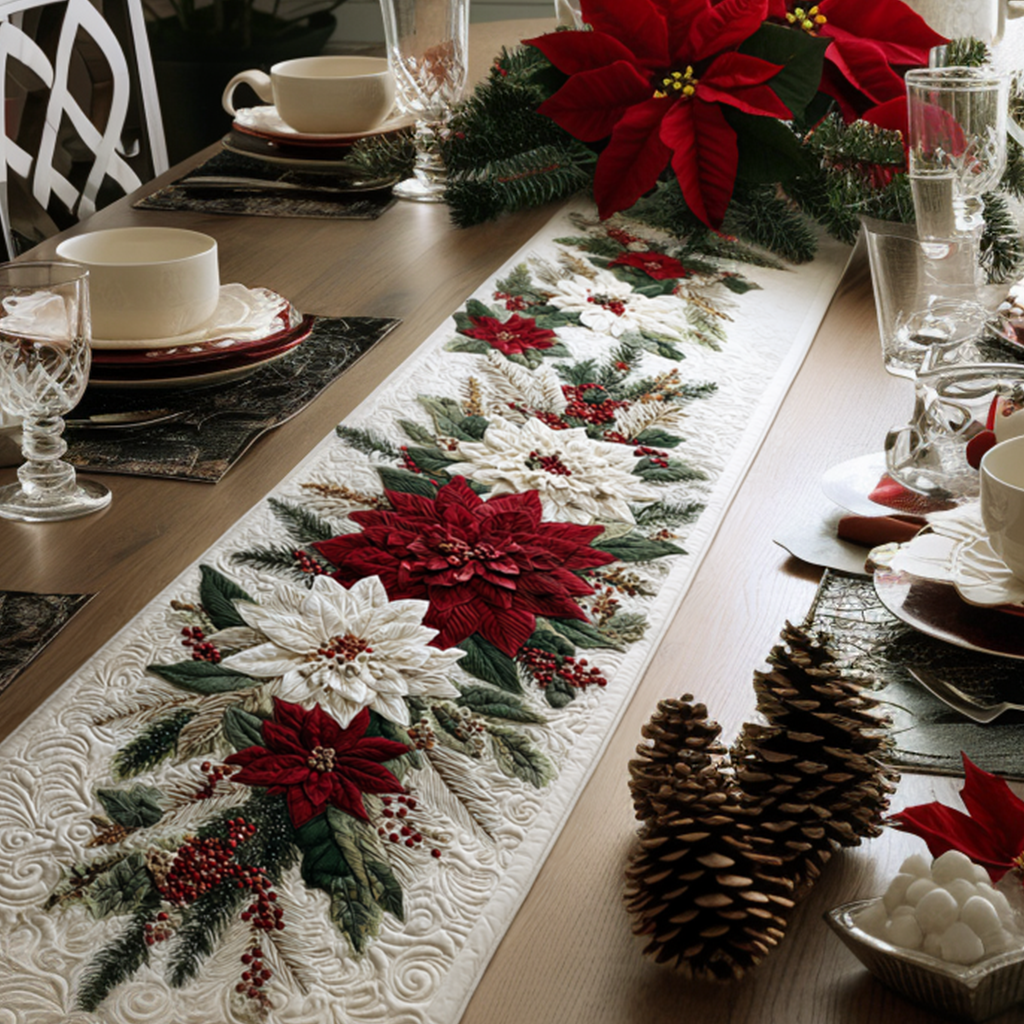 Poinsettia Trail quilted table runner – poinsettias on white