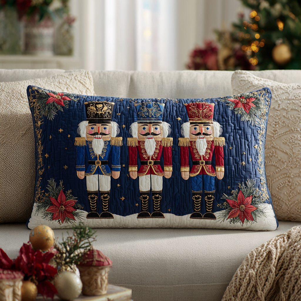 Nutcracker Trio quilted pillowcase – three nutcrackers among poinsettias