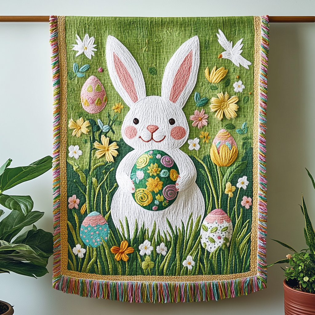 Spring Meadow Bunny woven sofa throw – white bunny in a spring meadow