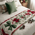 Green Bows and Poinsettias quilted bed runner – green bows and red poinsettias on cream