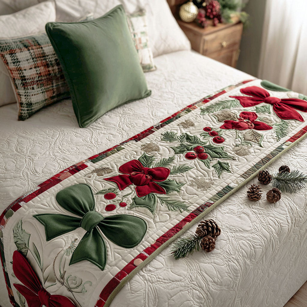 Green Bows and Poinsettias quilted bed runner – green bows and red poinsettias on cream