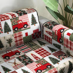Red Truck Plaid quilted sofa cover – red trucks in plaid patchwork