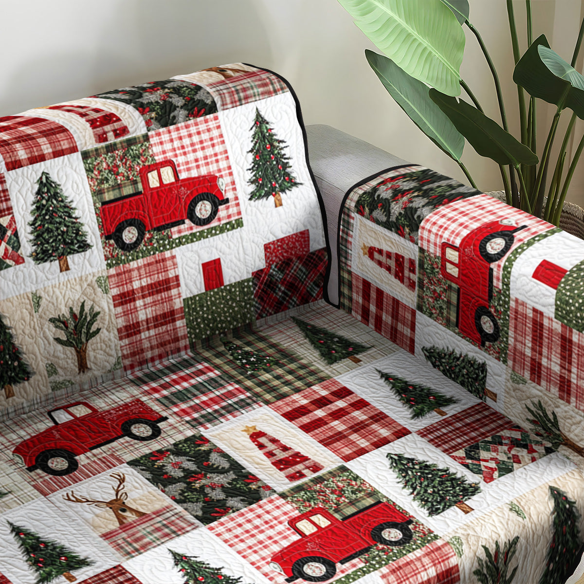Red Truck Plaid quilted sofa cover – red trucks in plaid patchwork