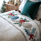 Baubles and Holly quilted bed runner – blue and silver baubles with holly