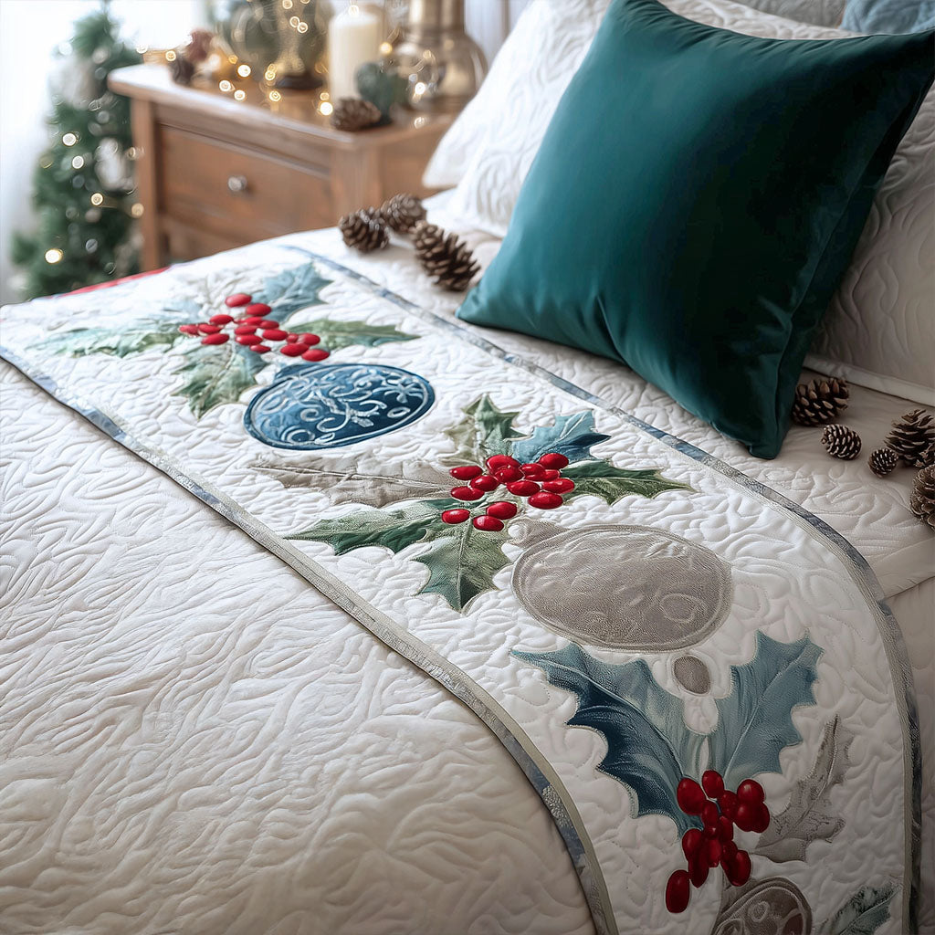 Baubles and Holly quilted bed runner – blue and silver baubles with holly