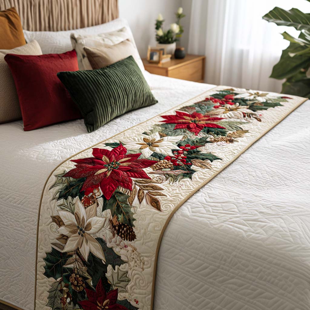 Poinsettias and Pine quilted bed runner – poinsettias and pine boughs on cream