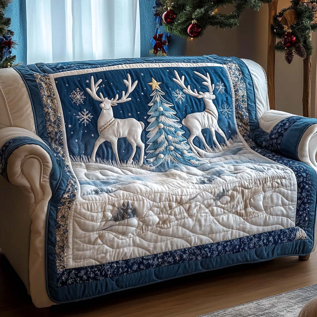 Blue Reindeer Night quilted sofa cover – white reindeer on deep blue