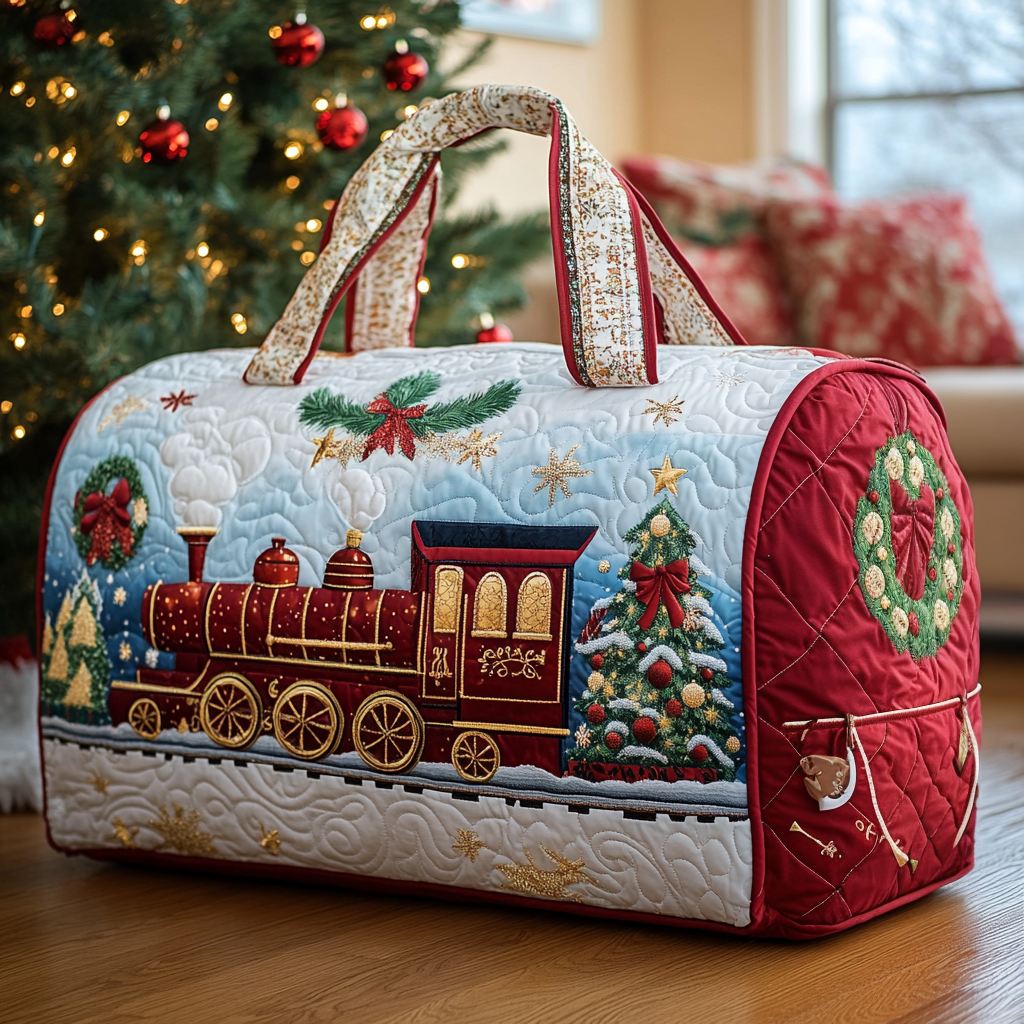 Festive Rails quilted weekend bag – train and wreath