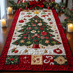 Decorated Christmas Tree quilted table runner – decorated tree on cream