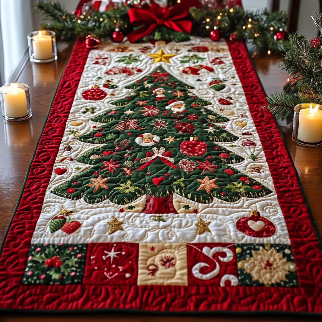 Decorated Christmas Tree quilted table runner – decorated tree on cream