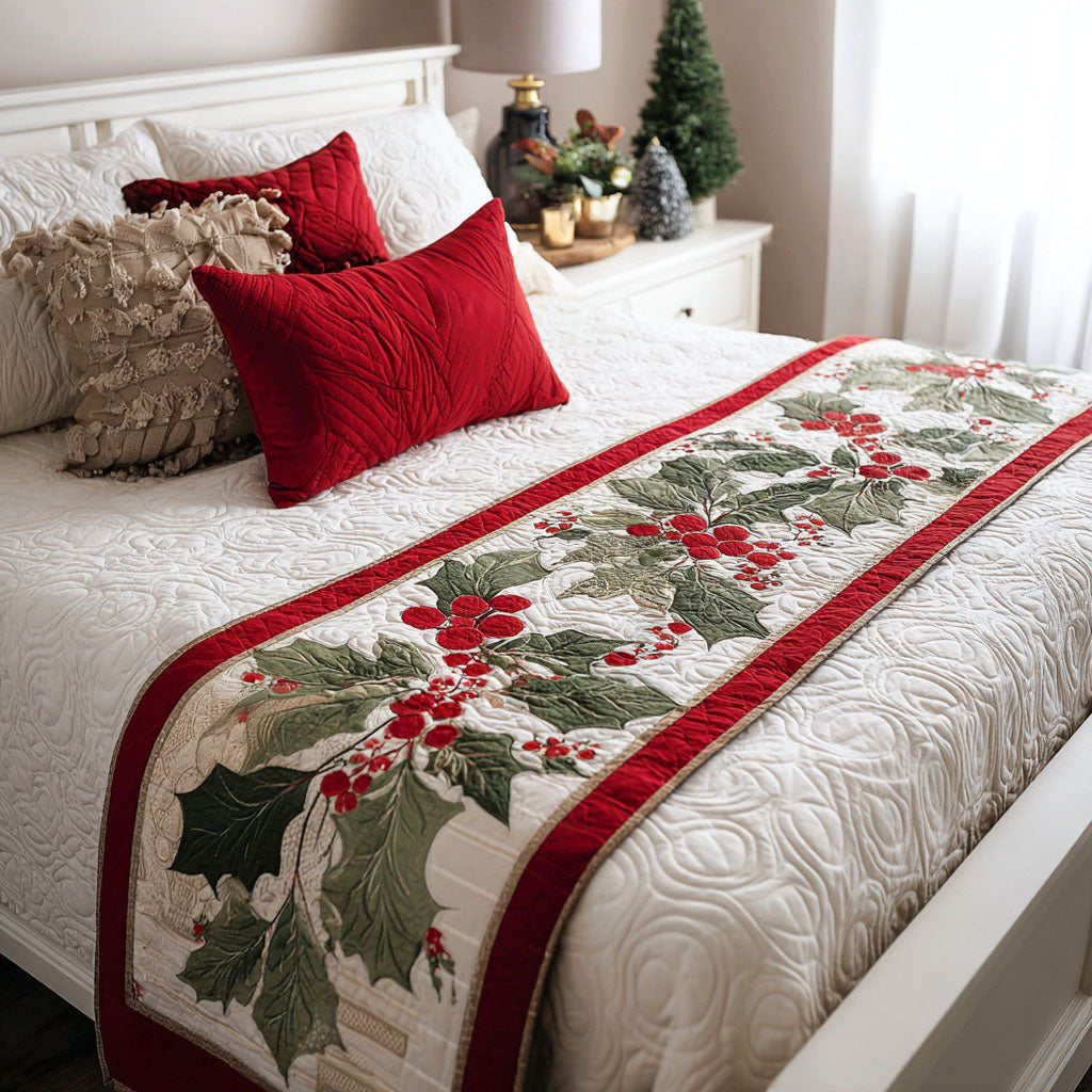 Holly Trail on Cream quilted bed runner – holly trail between red bands