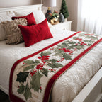Holly Trail on Cream quilted bed runner – holly trail between red bands