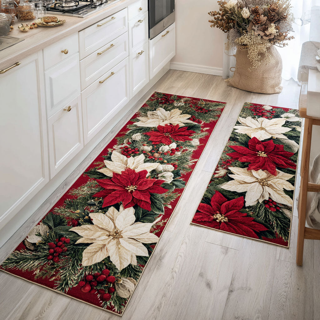 Festive Poinsettia kitchen mat set – poinsettias on red
