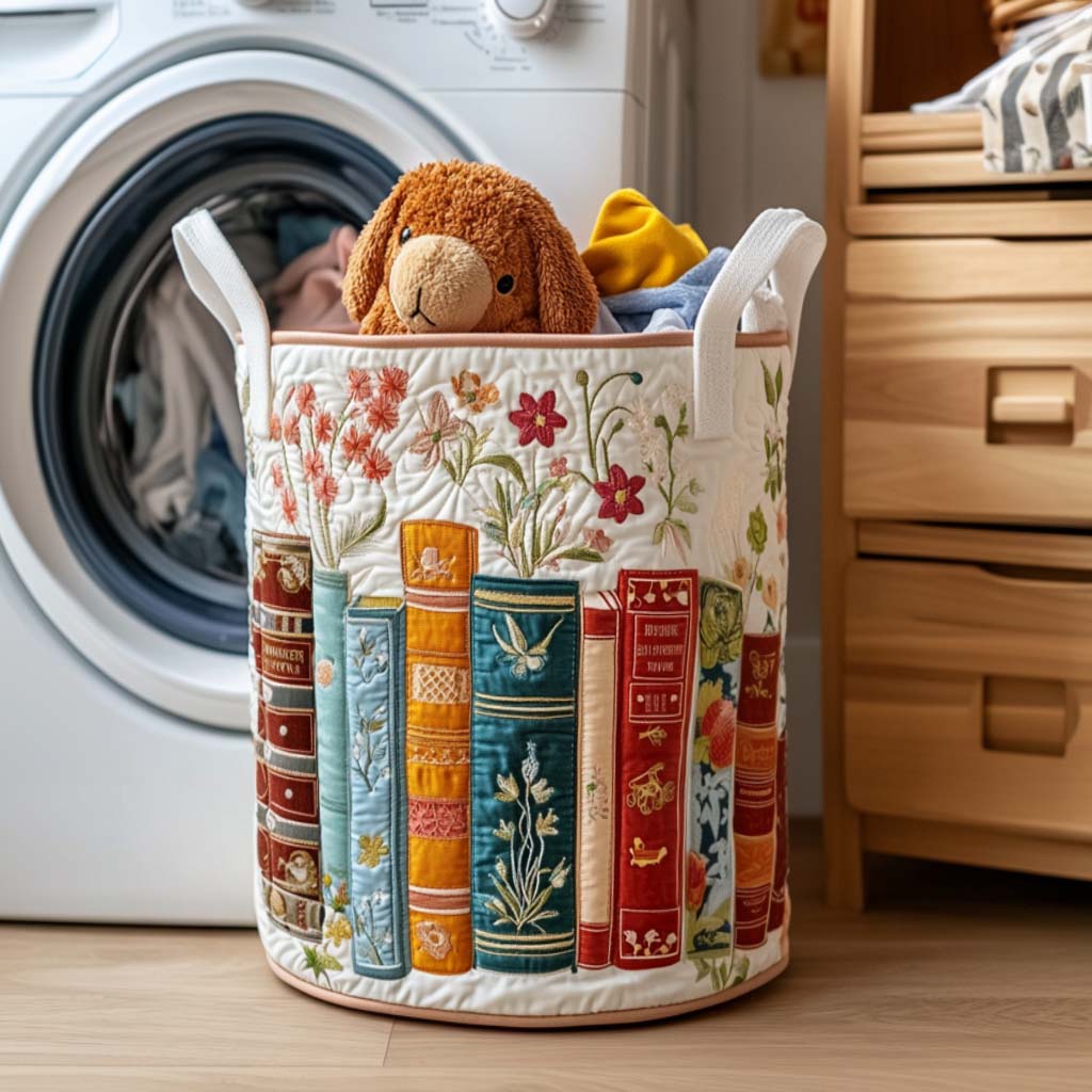Quilted laundry basket with a Fiction Escape design of stacked books with mustard, plum and ink blue spines and reading glasses, with wave stitching and carry handles