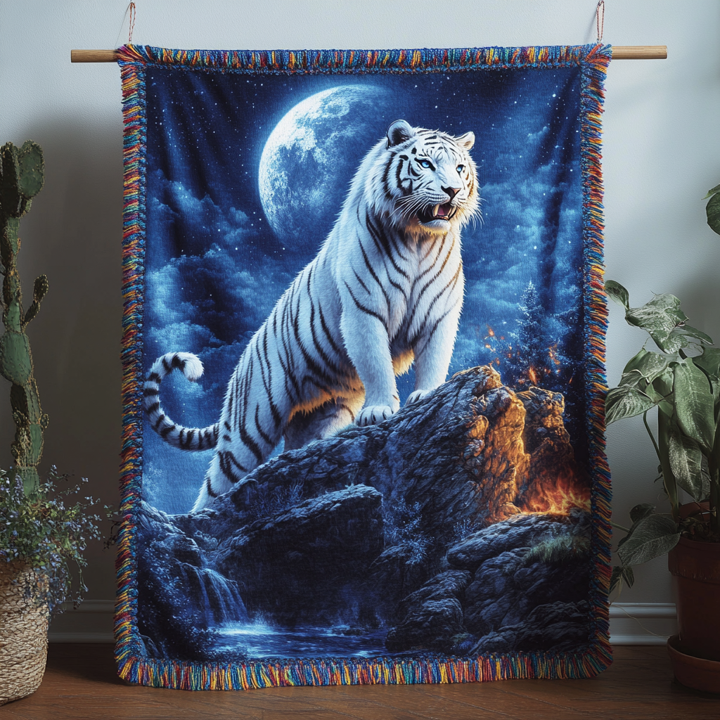 Moonlit White Tiger woven sofa throw – white tiger under a blue moon
