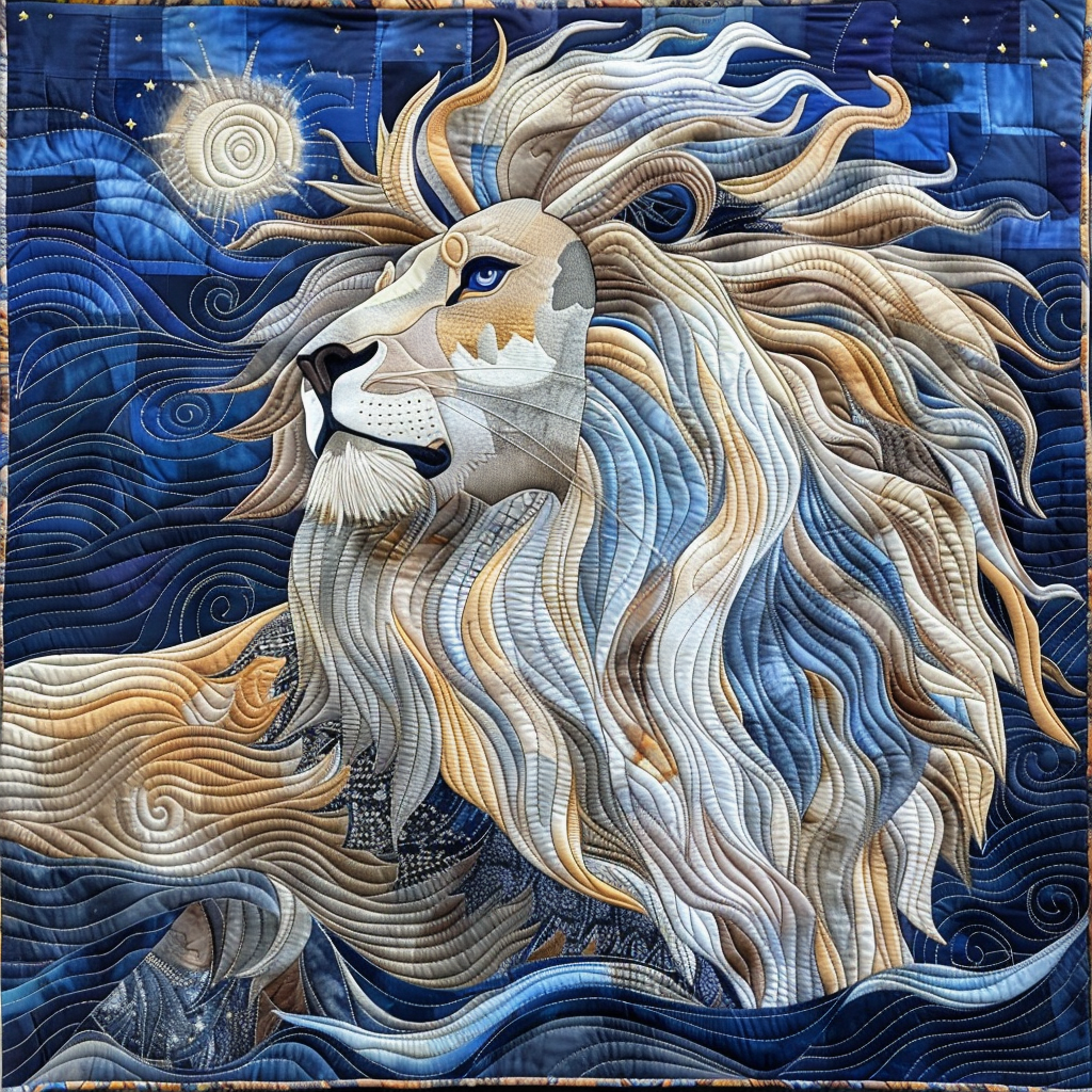 Windswept Lion quilted throw – lion with a flowing mane on starry navy