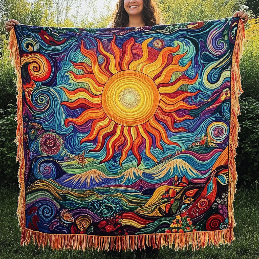 Blazing Sun Swirls woven sofa throw – orange sun in swirling waves
