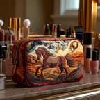 Fire Horse quilted make-up bag with galloping chestnut horse against a sunset sky