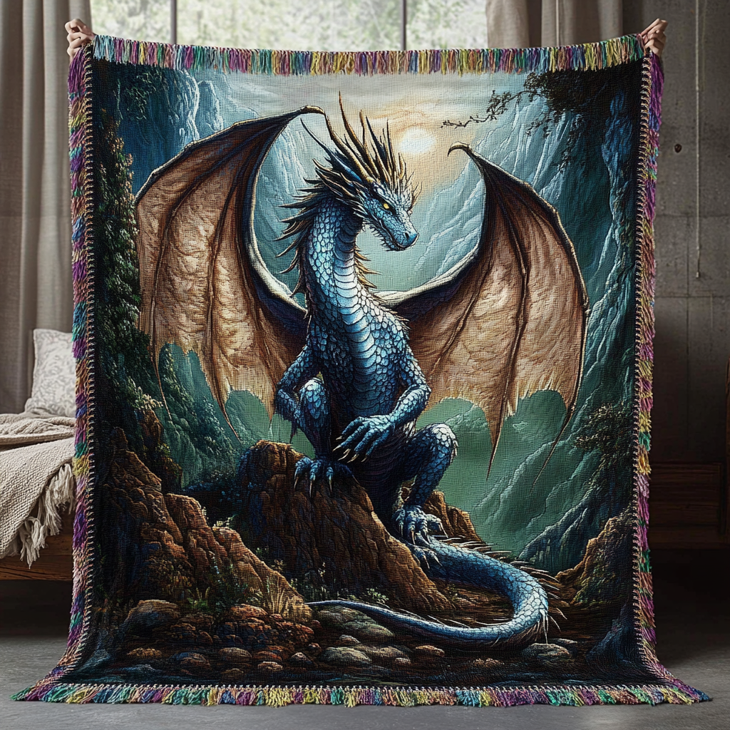 Midnight Dragon woven sofa throw – blue dragon on stormy rocks