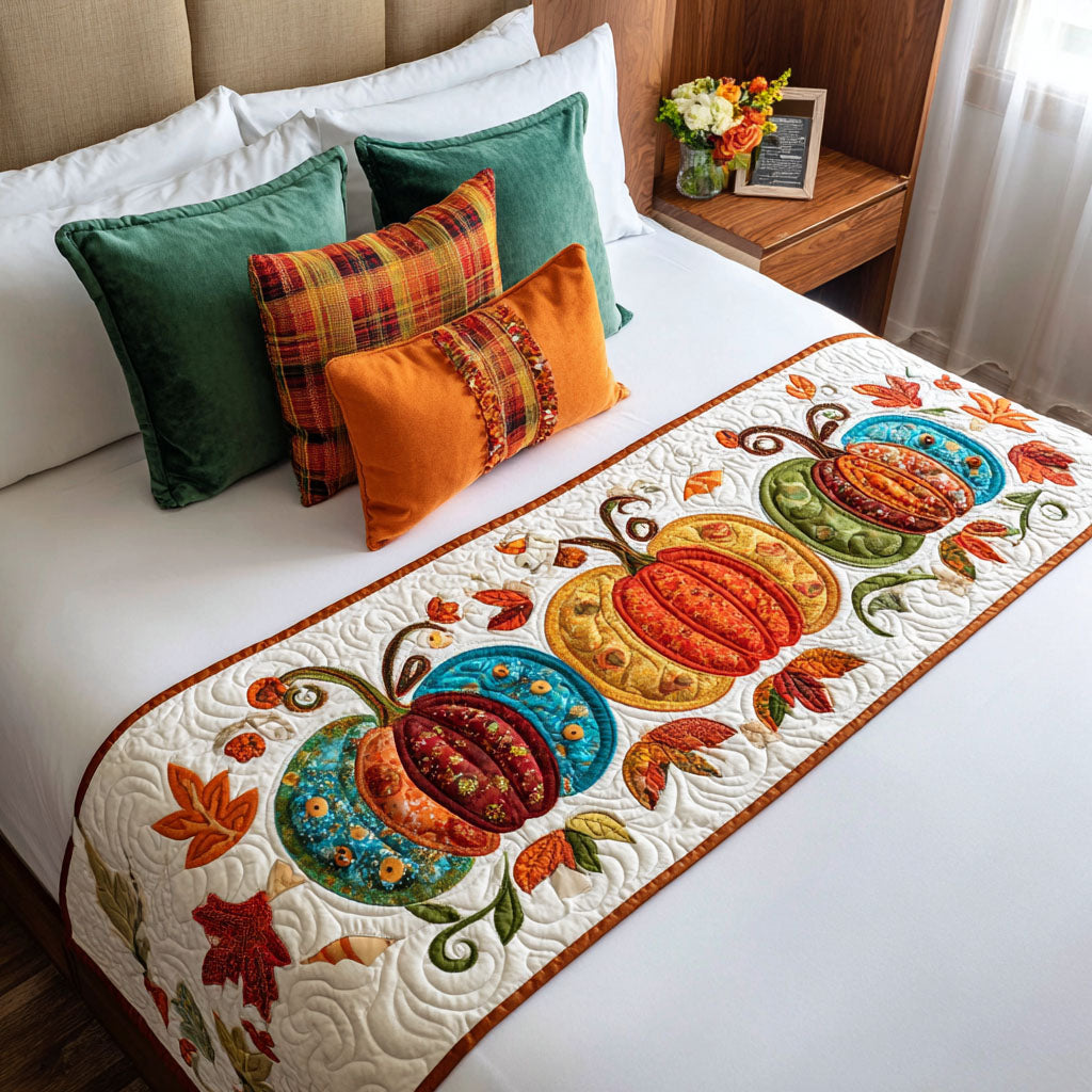 Folk Art Pumpkins quilted bed runner – colourful folk art pumpkins on cream
