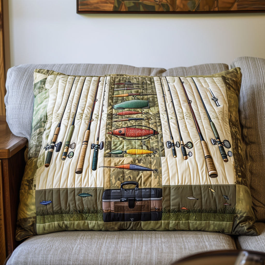 Fishing Rod Rack quilted pillowcase – row of fishing rods and lures