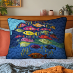 Shoal of Fish quilted pillowcase – colourful shoal of fish on deep blue